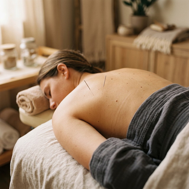 Close-up of acupuncture treatment showing thin needles placed on a patient's back