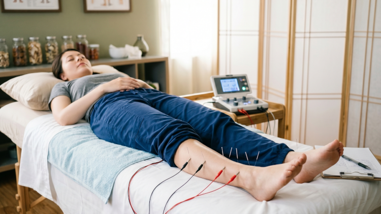 Electroacupuncture setup showing needles connected to gentle electrical stimulation device