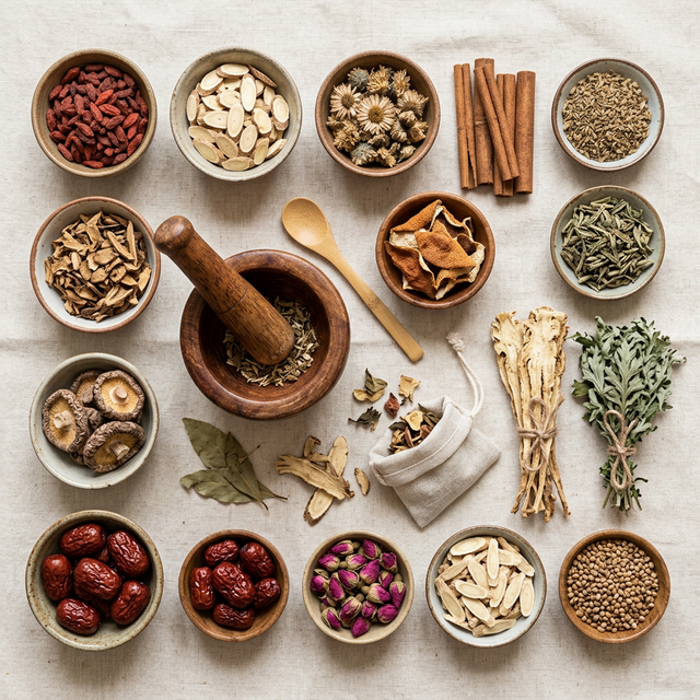 Traditional Chinese herbal medicine ingredients including dried herbs, roots, and botanical preparations