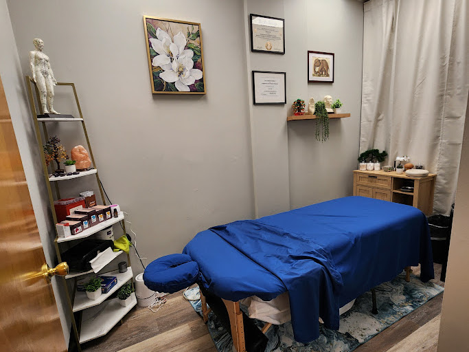 Peaceful acupuncture treatment room with warm lighting, clean linens, and calming decor